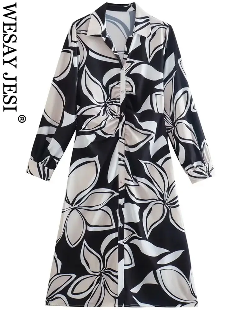 

WESAY JESI Loose Comfortable Single Breasted Lapel Women's Dress Casual Fashion Premium Black White Floral Print Lady Long Dress