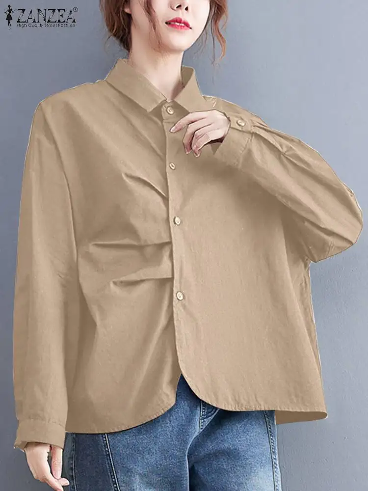 

Stylish Women Shirt ZANZEA Fashion Asymmetrical Blouse Lapel Long Sleeve Blusas Autumn Solid Tunic Tops Causal Buttons Chemise