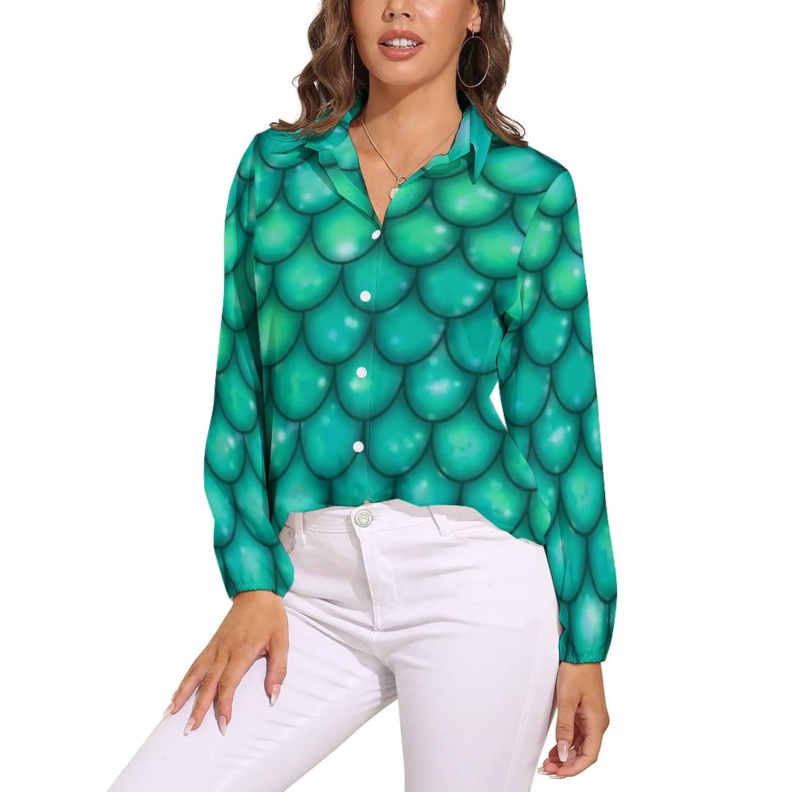 

Mermaid Print Blouse Long Sleeve Green Scales Print Office Blouses Women Basic Oversized Shirt Print Tops Birthday Gift