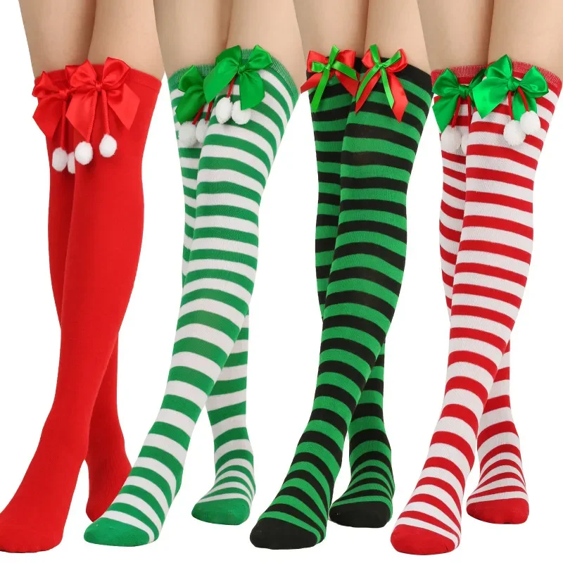 

2024 Christmas Socks Women Over Knee Socks Christmas Striped Thigh High Stockings Knee High Socks New Year Party