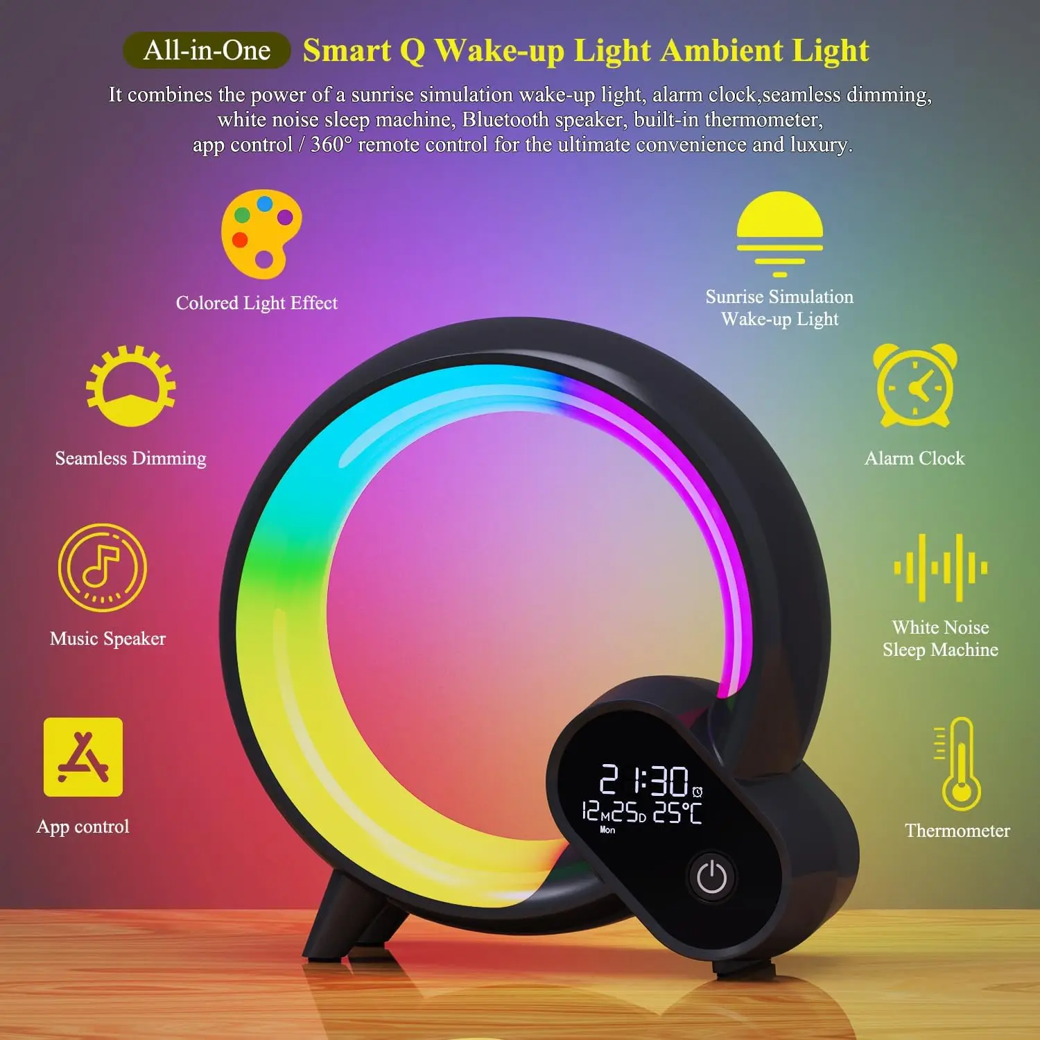 

Smart Wake Up Night Light with App Remote Control Sunrise Alarm Clock Speaker White Noise Sleep Ambient Table Lamp RGB Desk Lamp