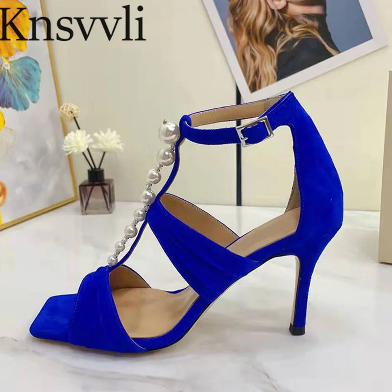 

Summer Sandals Woman Kid Suede Pearl Decoration Ankle Buckle Strap Party Shoes Sexy High Heels Gladiator Sandals Women Sandalias
