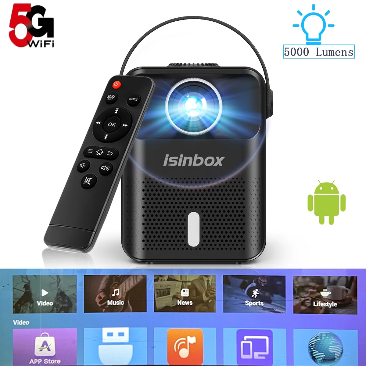 

ISINBOX X8 mini projector with 5g wifi Android Portable Home Theater Cinema Projectors Support HD 1080P Video 5000 Lumens