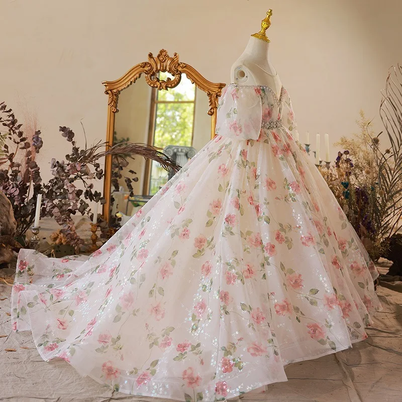 2023 Flower Girl Floral Formal Long Dress Vintage Children Dresses For Wedding Party Ball Gown Kid Evening Bridesmade Prom Dress