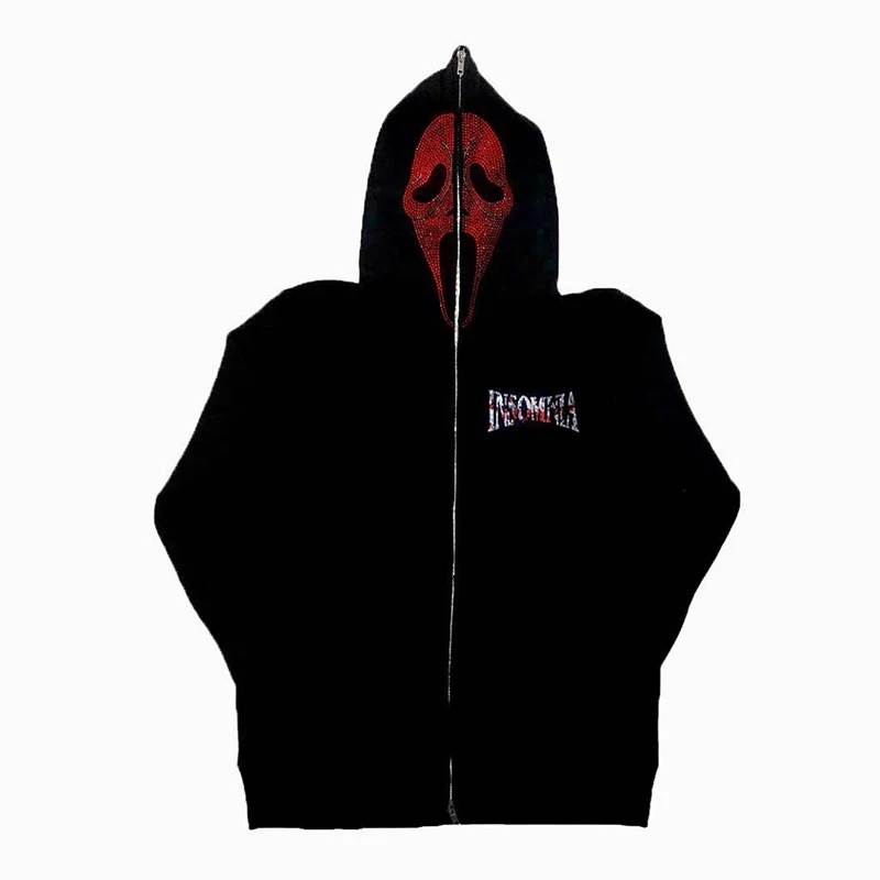 

Men's Rhinestone Skull Red Print Streetwear Oversized Hoodie Men's Jacket Jacket Harajuku Goth Y2K Clothes Grunge Zip Hoodie