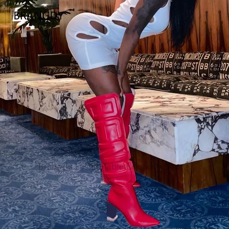 

2022 Winter Unique Cube Letter Thigh High Boot Pointy Transparent Chunky Heels Boots Runway Over The Knee Heels Bootias De Mujer