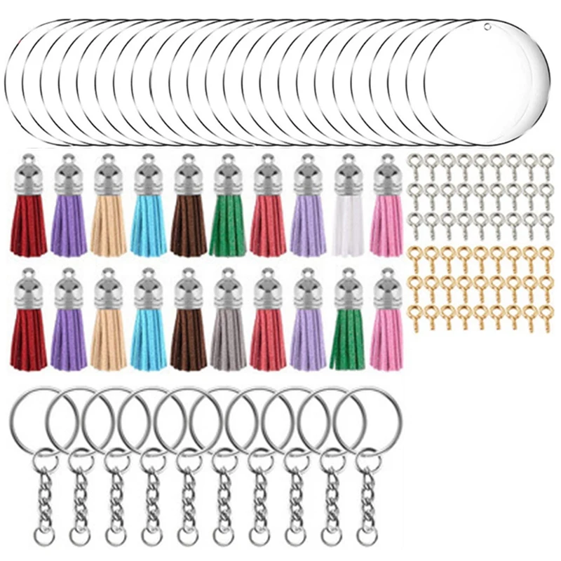 

200 Pcs Acrylic Keychain Blanks Kit With Key Rings Jump Rings Round Clear Discs