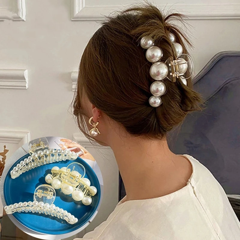 Nuove eleganti clip di artigli per capelli grandi perle per donne clip di capelli acrilici di grandi dimensioni forcina per capelli barrette di granchio accessori per capelli