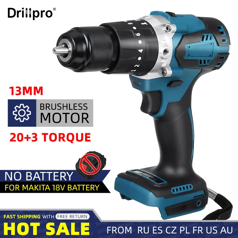 

Drillpro 3 in 1 Brushless Cordless Electric Impact Drill Hammer 13mm 20+3 Torque Electric Screwdriver for Makita 18V Battery