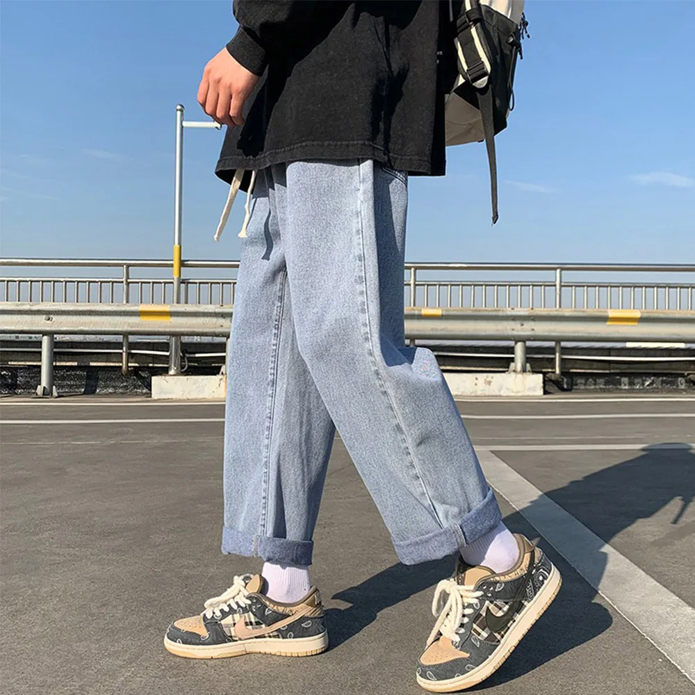Drawstring Denim Jeans for Men Elastic Waist Pants Solid Loose Straight Fit Japanese Boys Trousers Street Wear Fashion Summer