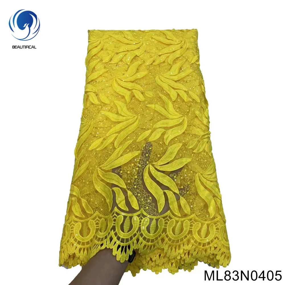 African Lace Fabric Orange High Quality French Mesh Lace Fabric Sequins Nigerian Lace Fabrics For Wedding ML83N04
