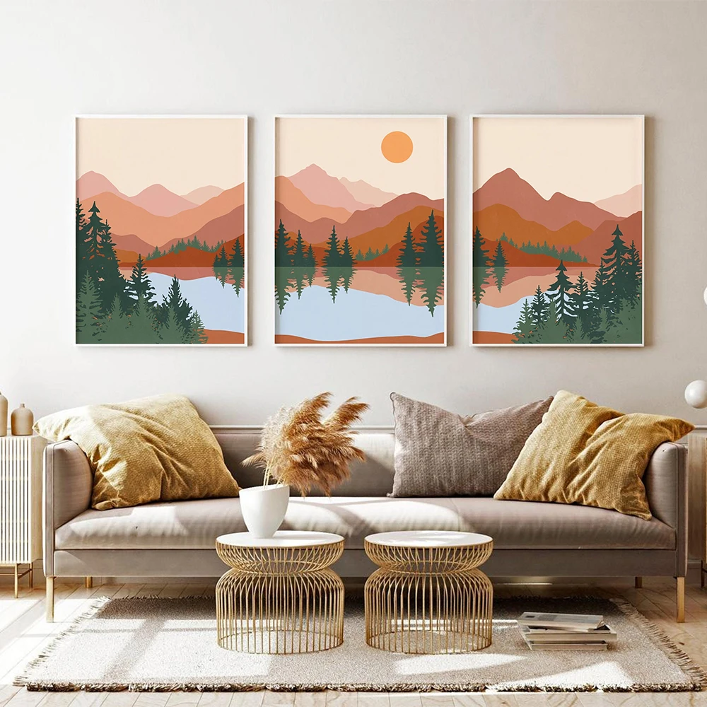 Mid Century Boho Abstract Mountain Lake Trees Print Wall Art Nordic Canvas Picture Nature Landscape Painting Living Room Poster 2