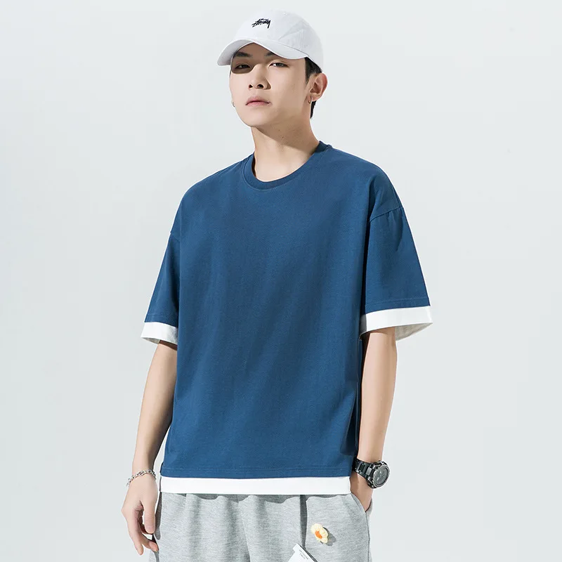 

Мужская футболка с коротким рукавом, хлопок, круглый вырез, большой размер, свободная футболка из двух частей, сплошной цвет, свободные, впит...