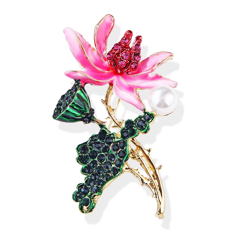 

TULX Pink Enamel Lotus Flower Brooches Women Rhinestone Lotus Root Party Office Brooch Pins Gifts