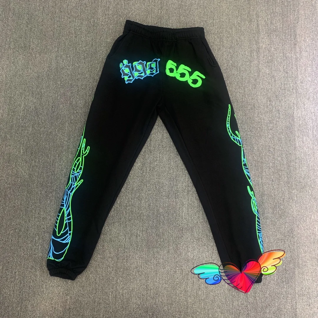 

2023 555555 Sweatpants Men Women Fluorescent Green Logo Spider Web Graphic Flame Print Sp5der 555555 Pants Joggers Trousers