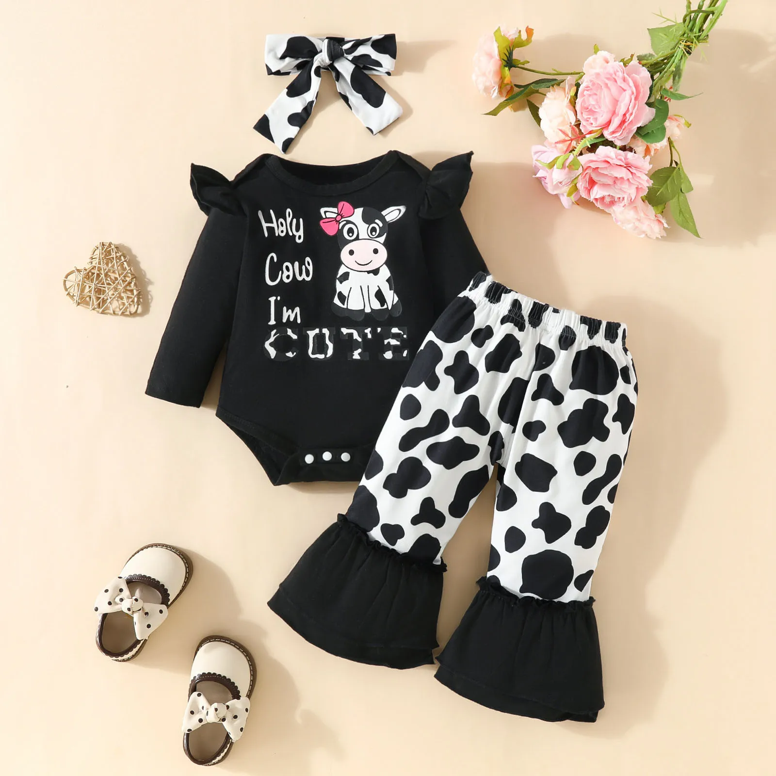 

3 6 12 24M Infant Baby Girls Clothes Sets 3PCS Long Sleeve Letter Print Romper+Cow Flared Pants+Headband Newborn Baby Clothing