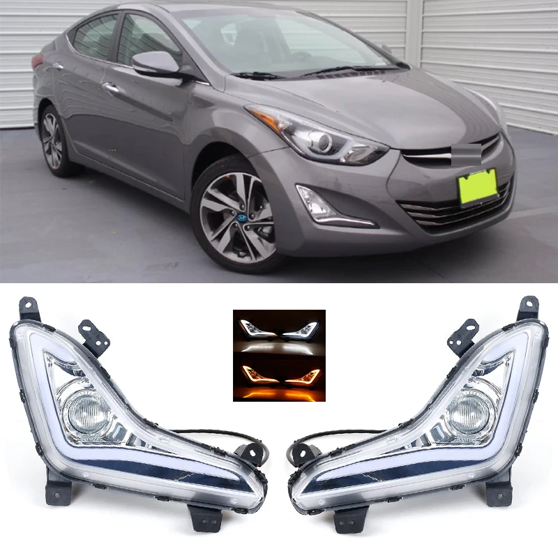 

2 шт. светодиодные DRL с желтым поворотным сигналом, противотуманные фары, передний бампер автомобиля, дневная фара для Hyundai Elantra 2014 2015