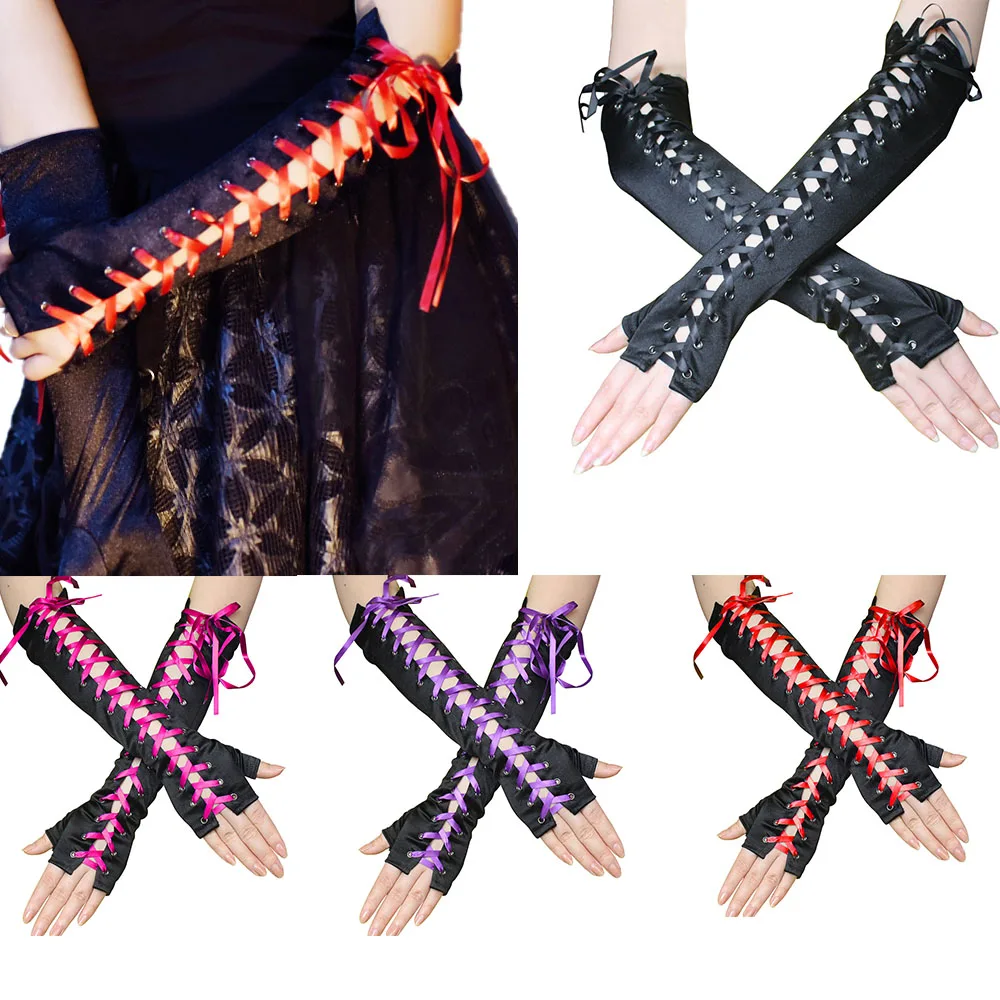 

Women Sexy Gothic Long Fingerless Strap Gloves Satin Ribbon Ties Up Cool Gothic Punk Gloves Halloween Cosplay Perform Gloves