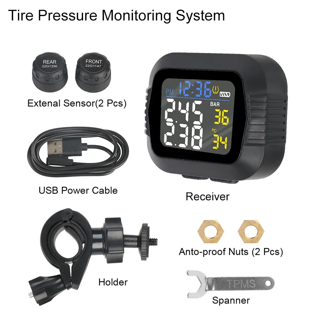 

Система контроля давления в шинах TPMS для мотоциклов, сигнализация температуры с 2 внешними датчиками