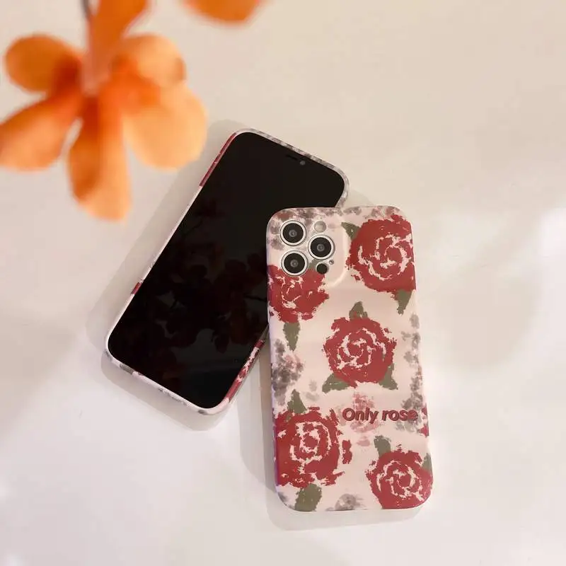 

Cool Retro Rose Flower Liquid TPU Shockproof Soft Cases Phone Case Cover For iPhone 13 11 12 Pro Max XR XS X 7 8 Plus Shells