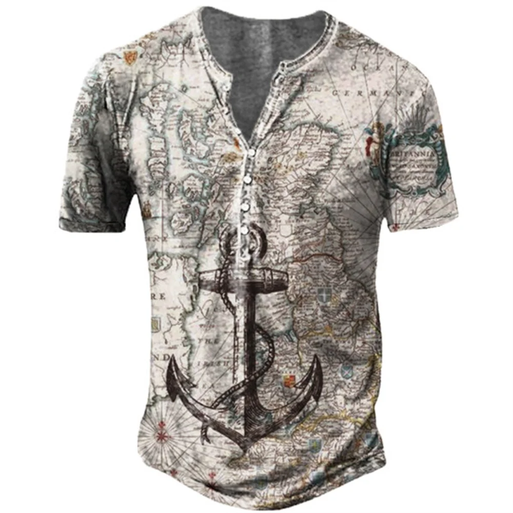

Vintage Navigation Maps T Shirt Short Sleeve V-neck Button Henley Shirt For Men Oversized Tops Tee Shirt Man Punk Streetwear