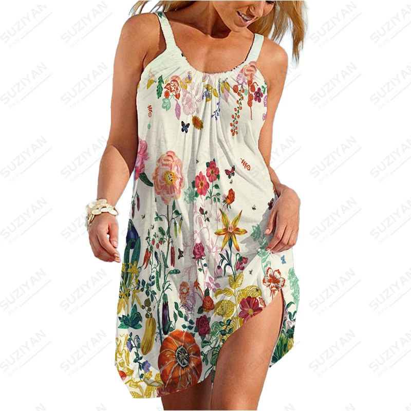 

2023Summer New Bohemian Sexy Strap Beach Skirt Fragmented Flowers Women's Sleeveless Suspended Dress Hawaiian U-Neck Women's Top