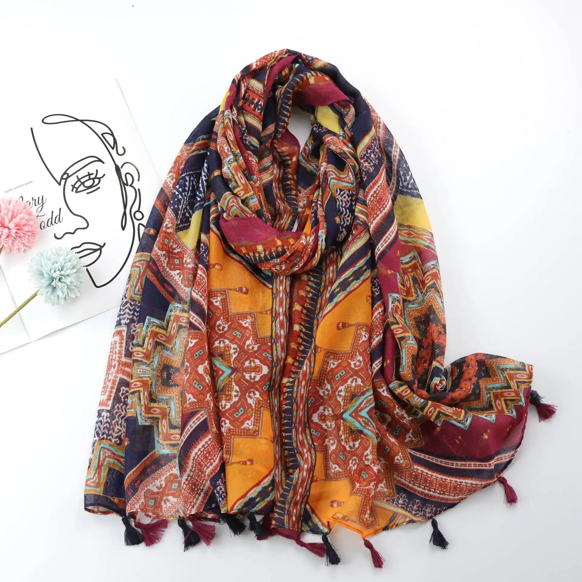

Ethnic style Totem Printed Long Scarf Bali Yarn Thin Scarf Shawl with Tassel