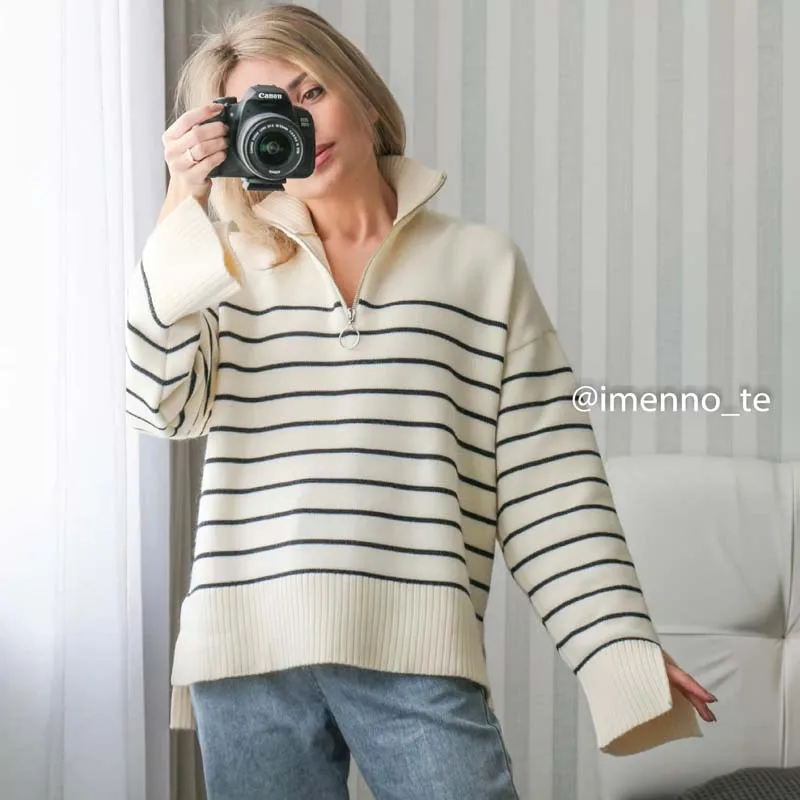 

New Sweater Women 2022 Fashion Striped Loose Zipper Knit Sweater Vintage Long Sleeve Asymmetric Women's Pullover