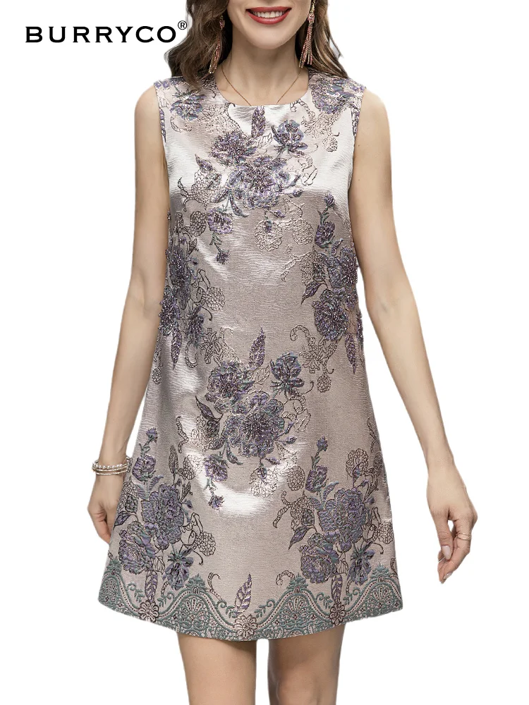 BURRYCO Summer 2023 Women's Luxury Literature Gentle Flower Embroidery Sleeveless Slim A-line Dress