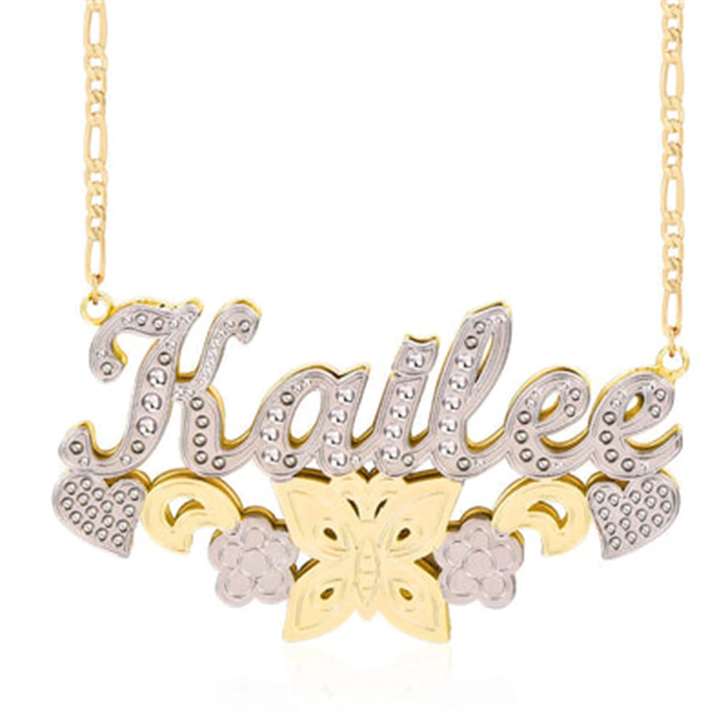 

Double Layer Two Tone With Butterfly Flower And Heart Personalized 3D Name Gold Plated Pendant Necklace Stainless Steel Jewelry