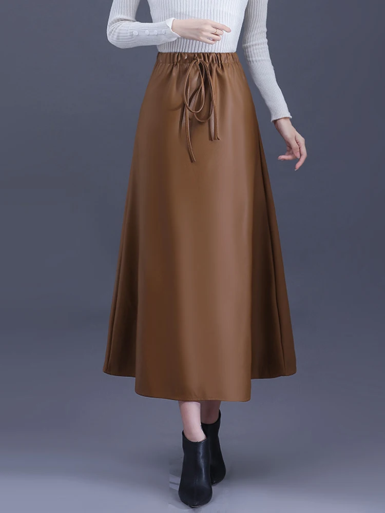 

Элегантная модная юбка OHRYIYIE из искусственной кожи для женщин, длинная юбка из искусственной кожи, осенне-зимняя женская черная трапециевидная юбка с высокой талией для женщин