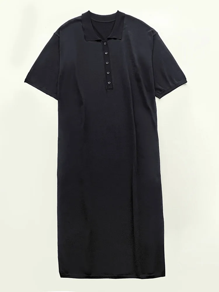 Women Turn-down Collar Knit Midi Dress with Buttons Black Half Sleeve Simple Loose Female Straight Robe 2022  New