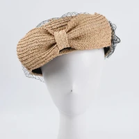summer mesh bow lafite grass beret female hats women berets raffia straw yarn big painter studio wedding dress shape bud hat