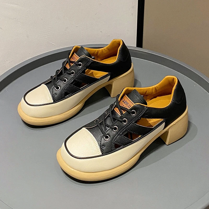 Sandals Women's Genuine Leather 2023 New High Heeled British Style Openwork Casual Single Shoes Roman Luxury Women's Sandals