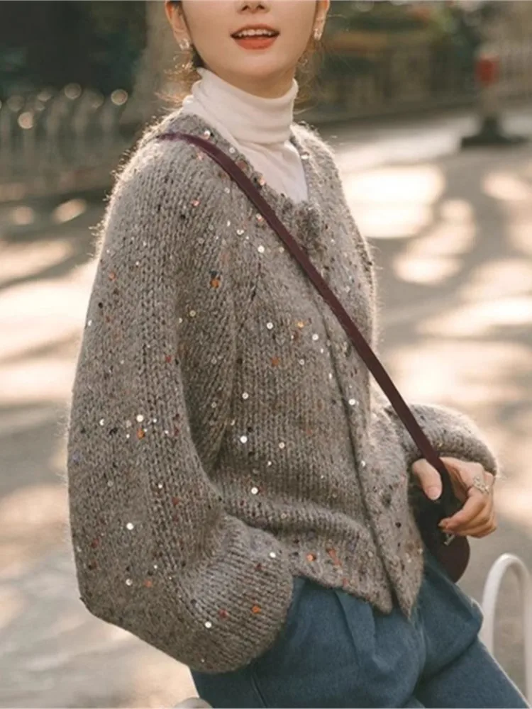 Вязаный кардиган с блестками в стиле ретро женский свитер на осень-зиму 2024 новый