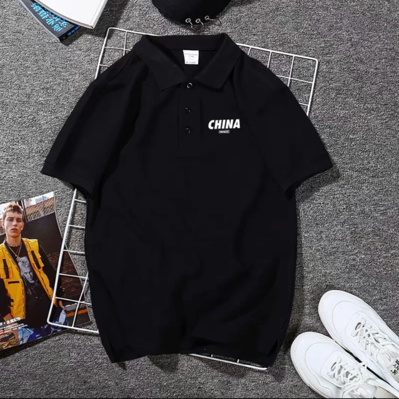 

Casual Streetwear Vintage Polo Men's T-shirt Loose Plain Top Free Shipping Stylish with Collar Mens Tee Shirts Fashion Clothes