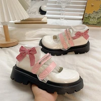 pink bow lolita mid heel3 5cmcolor matching flat shallow mouth mary jane shoes rubber round toe low top shoes pu
