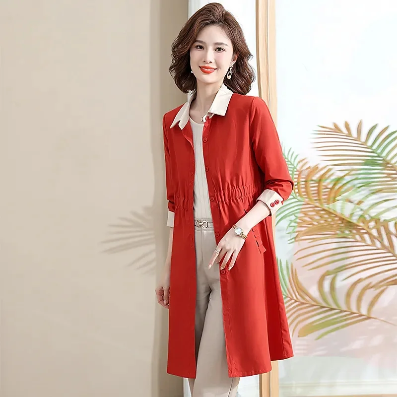 Spring Autumn New Jacket Women's Fashion POLO Windbreaker Large Size Coat Slim The Long Outwear Waist-Closed Ladies Overcoat Top
