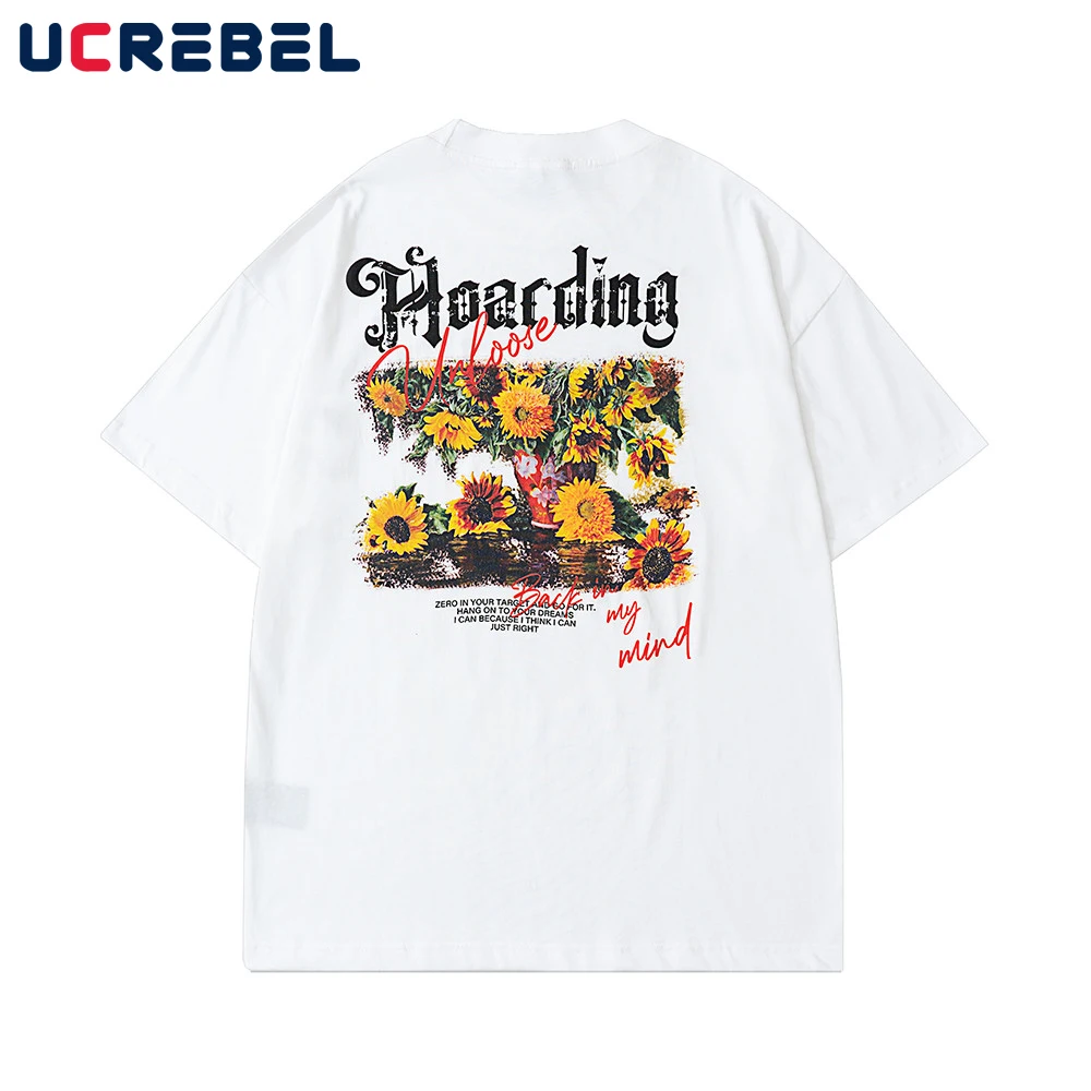 

Flower Print Short Sleeve T-shirt Mens Streetwear Crew Neck Half-Sleeve Summer Loose Casual Cotton Tee Men