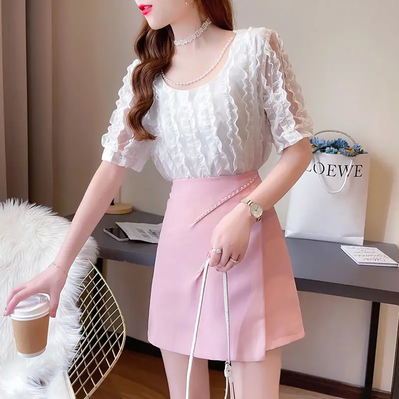 

Women 2022 Summer OL Work Wear 2 Pieces Set Female Elegant O-neck Short Sleeve Blouses & High Waist Mini Skirt Casual Suit M76