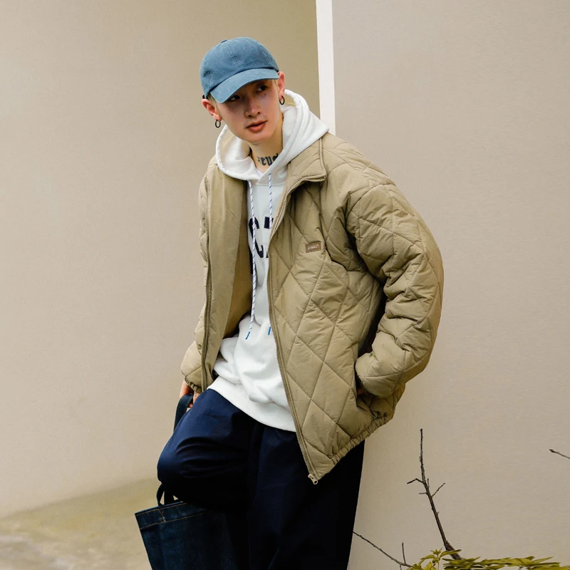 

Winter Cityboy Japan Streetwear Fashion Parkas Jacket Men Women Loose Casual Diamond Plaid Quilted Coat Couple Jacket Outerwear