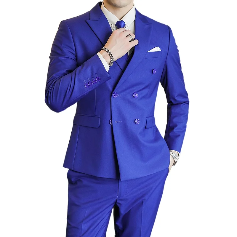 2022 Fashion New Men's Casual Business Double Breasted 2 Pcs Suit Set / Male Slim Solid Color Wedding Blazers Jacket Pants Coat