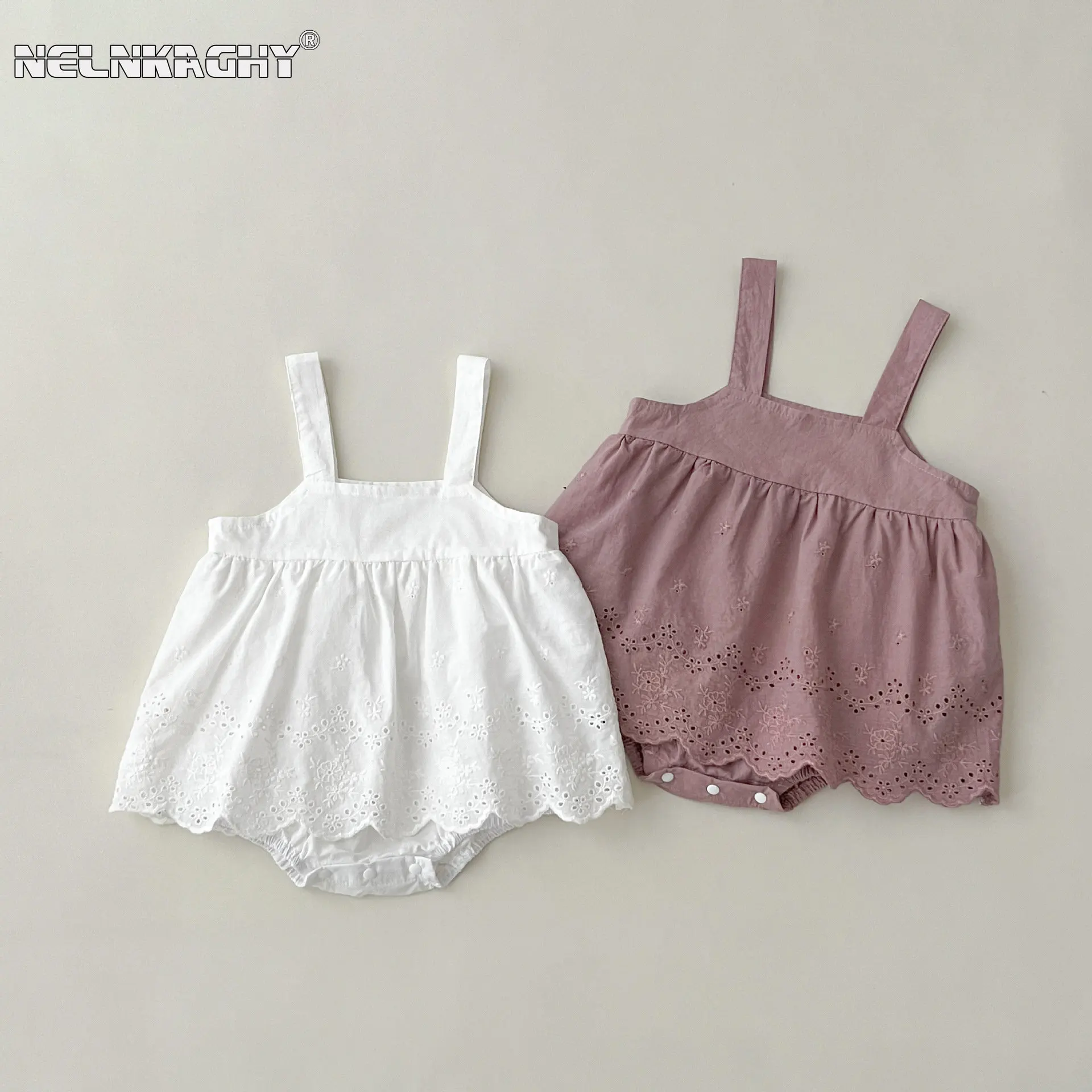 2023 Baby Girls Summer Sleeveless Sling Solid Color Hollow Out Outfits Infant Newborn Clothing Cotton Soft Bodysuits
