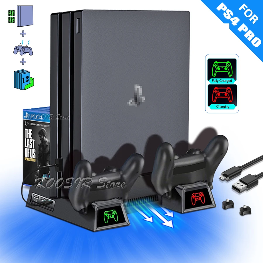 

Вертикальная подставка для консоли PS4 Pro, 2 контроллера со светодиодной подсветкой, зарядная док-станция, 4 вентилятора, 12 дисковых игр, кронш...