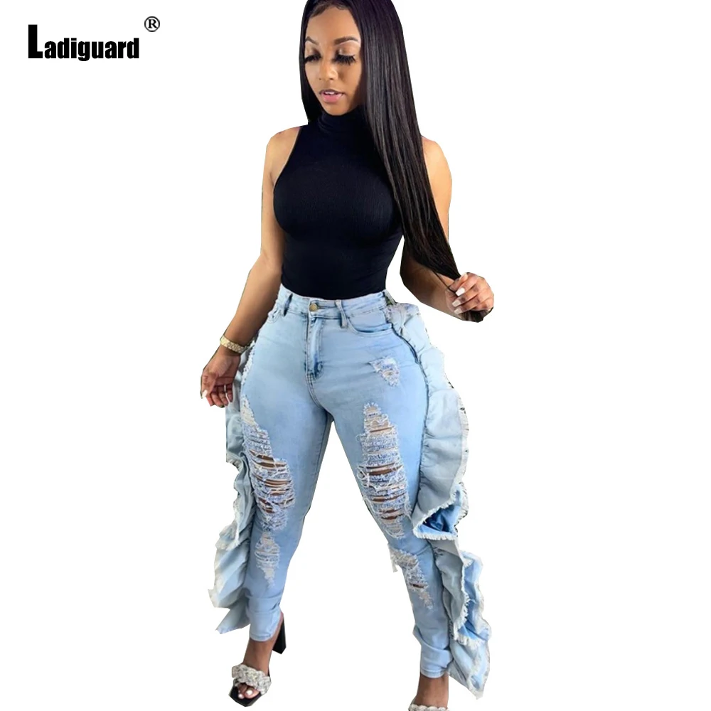 Ladiguard High Cut Women Shredded Demin Pants Girls Streetwear Sexy Ruffle Jeans 2022 African Style Fashion Skinny Demin Trouser