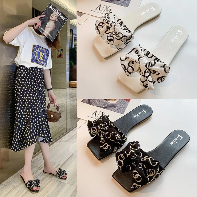 

Luxury Designer Large Size Flat Slippers Korean Version Bow One Word Slippers Women Summer Shoes Woman 2022 Elegant Women's