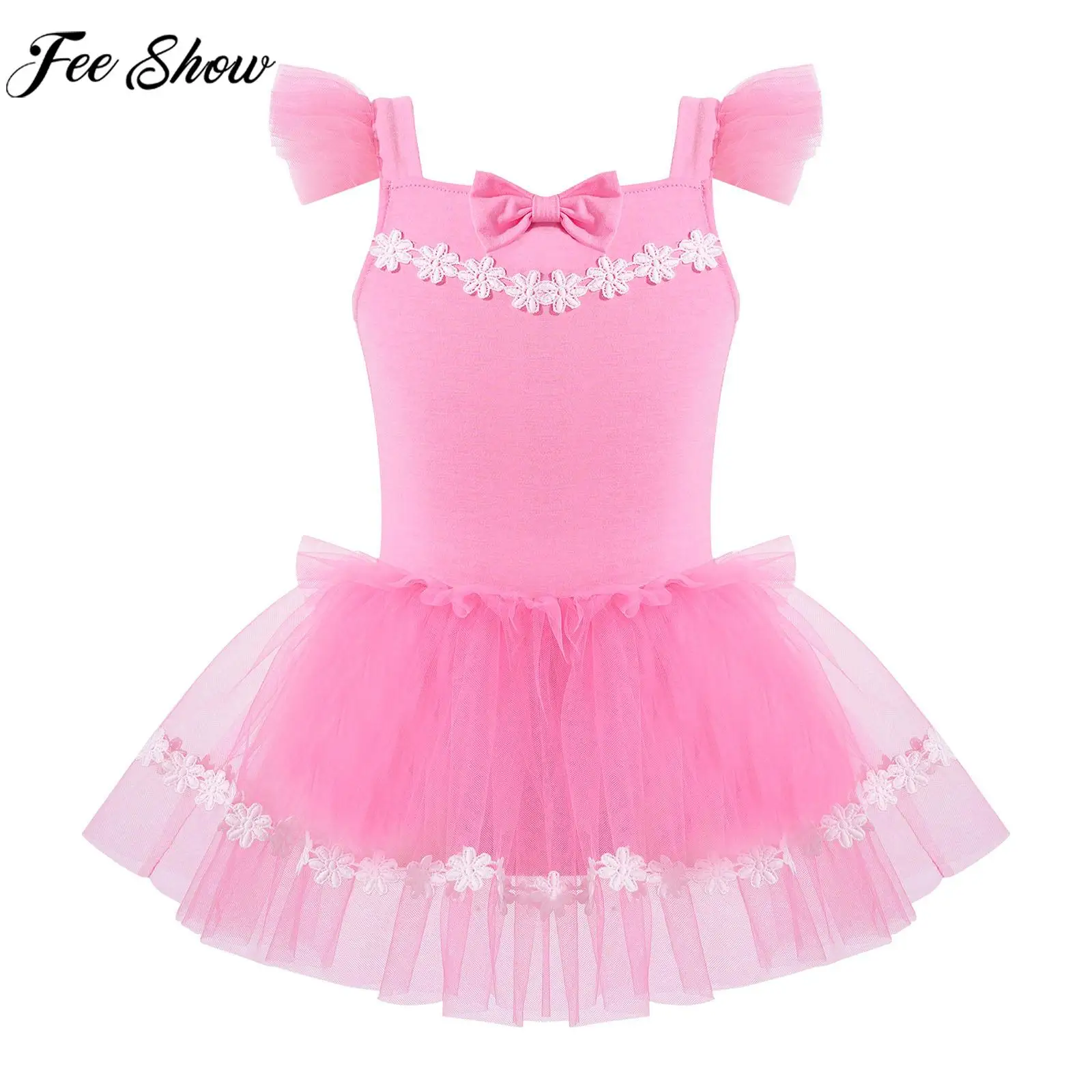 

Girl Cute Ballet Dress Flying Sleeve Bowknot Flower Embroidery Mesh Tutu Princess Dress Dance Leotard for Performance Party