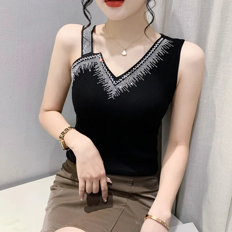 

#6736 Summer Tops For Women Black Red Skinny Tank Top Skew Collar Diamonds Sexy Streetwear Crop Top Femme Stretch Cotton Tops
