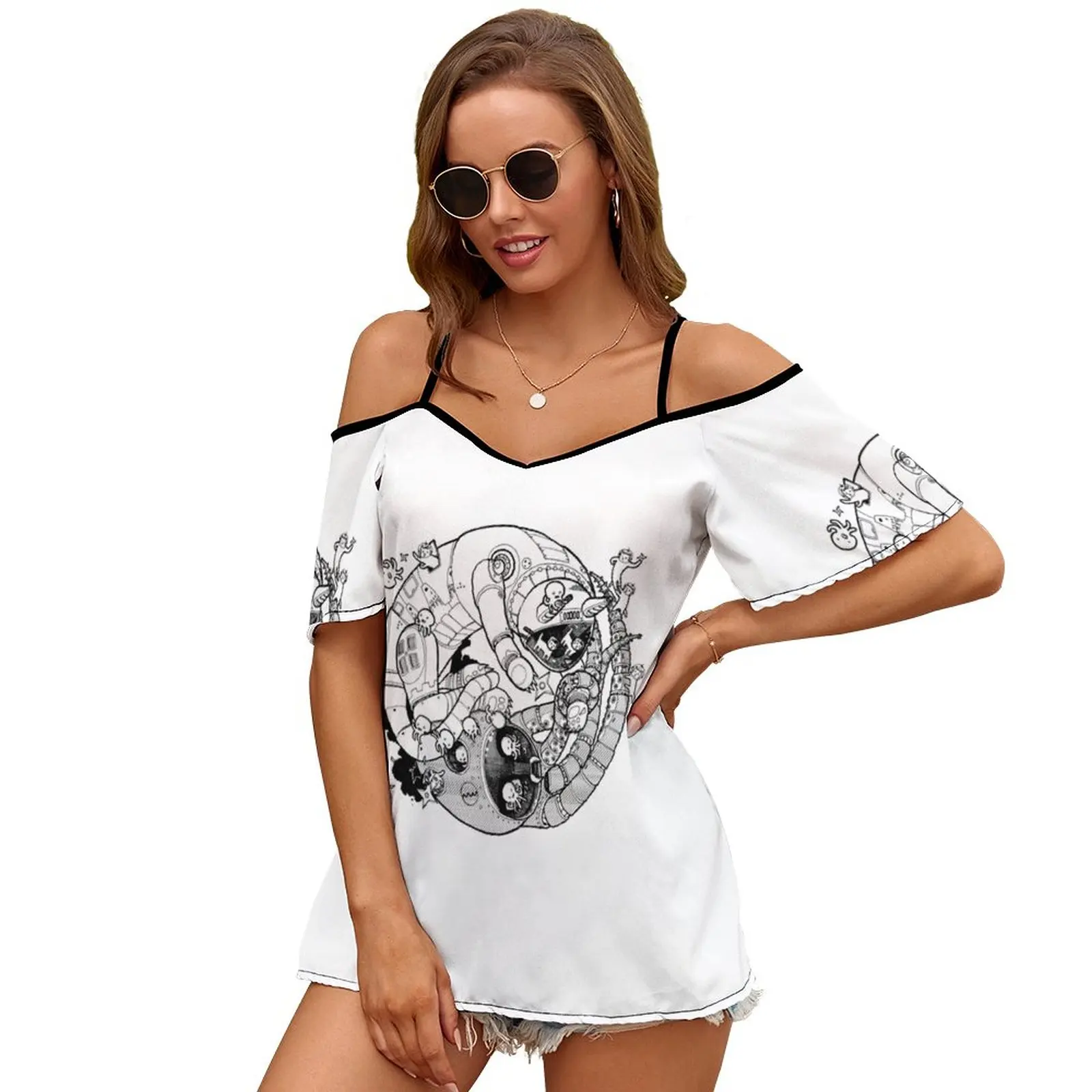 Борьба робо Инь-Ян! Женская футболка с коротким рукавом круглым вырезом и принтом