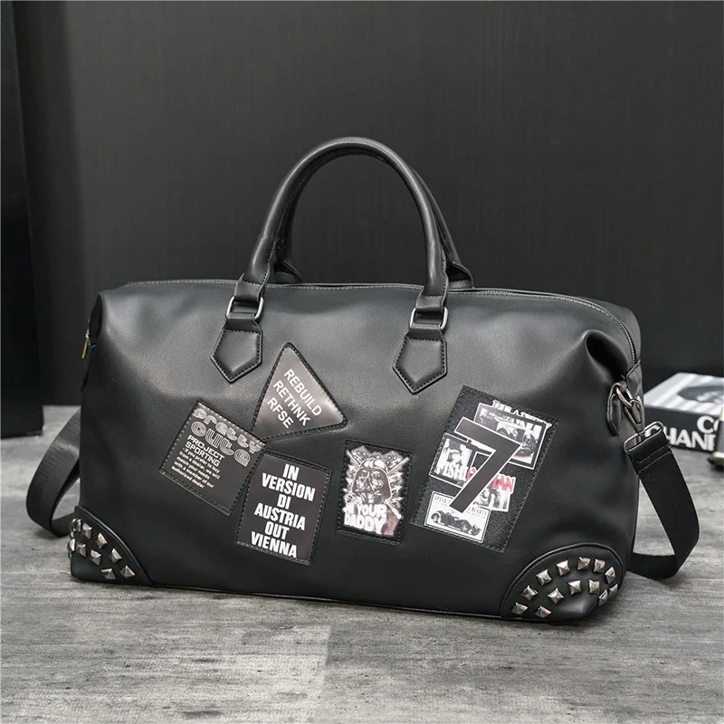 Fashion Large Capacity Travel Bag Men Gym Fitness Handbag Letter Print Rivet Shoulder Bag Male Outdoor Crossbody Travel Bag